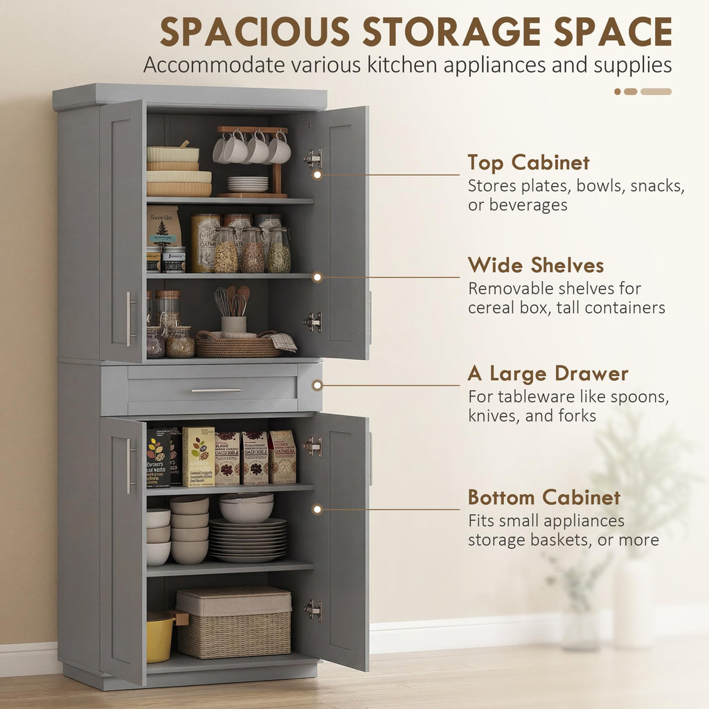 HOMCOM 72" Kitchen Pantry Cabinet, Freestanding Tall Storage Cabinet with 4 Doors, Drawer and 3 Adjustable Shelves for Dining Room, Gray