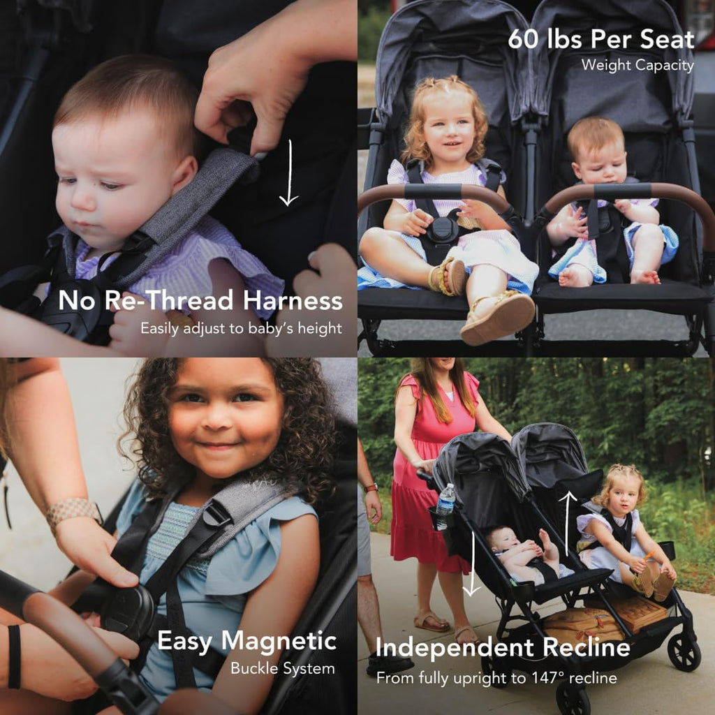 Strolee Lightweight Double Side by Side Stroller - 22 Lbs, 9.5" Compact Fold, Twin Nap Ready Seating, No Rethread Harness, Magnetic Buckle & Ultra Plush Seat 60Lb Per Seat- (v2 Fawn)