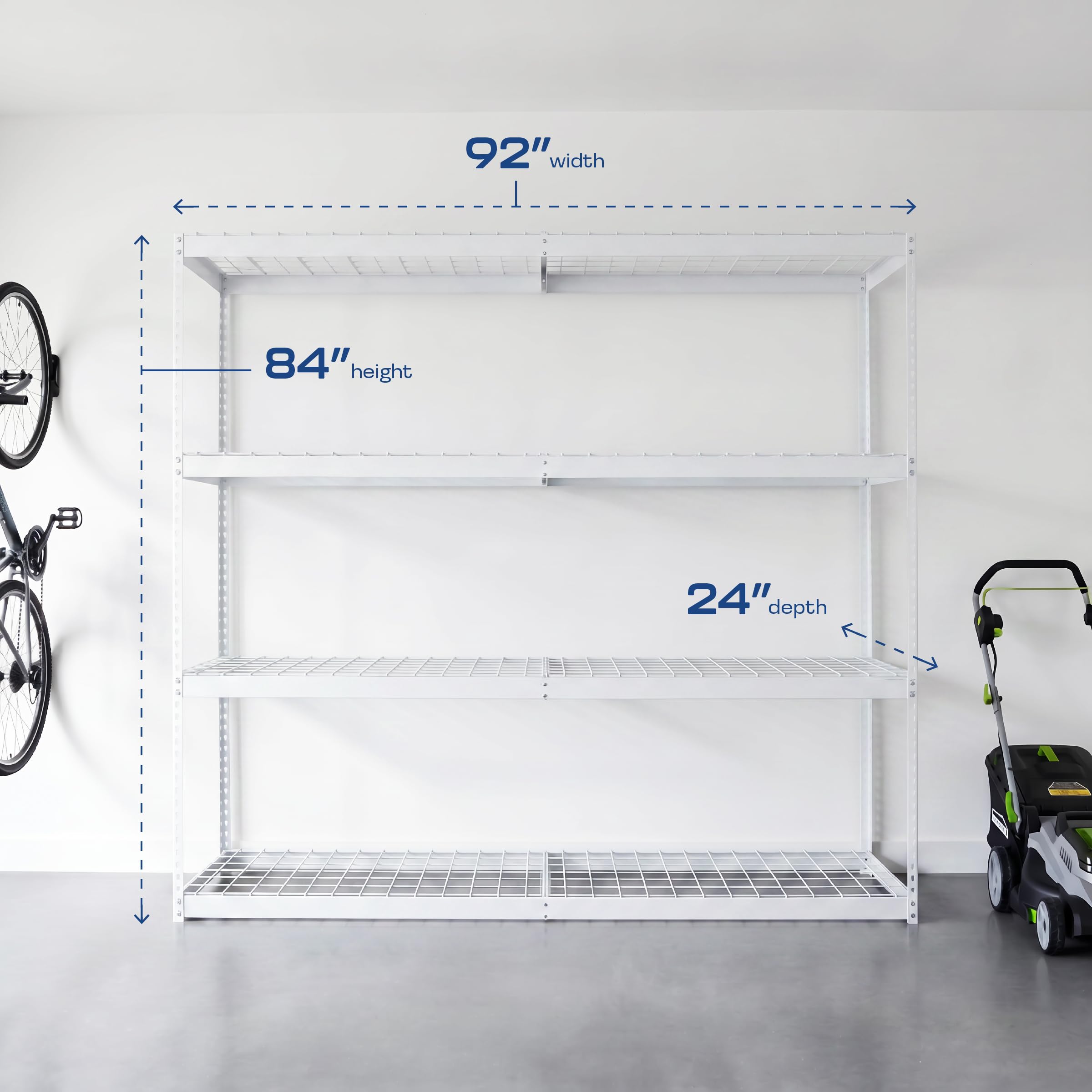 MonsterRax 24"x92"x84"Garage Shelving - Hammertone Bolted Shelving Rack - 500 Pounds Per Shelf High Grade Steel (24"x92"x84", White)