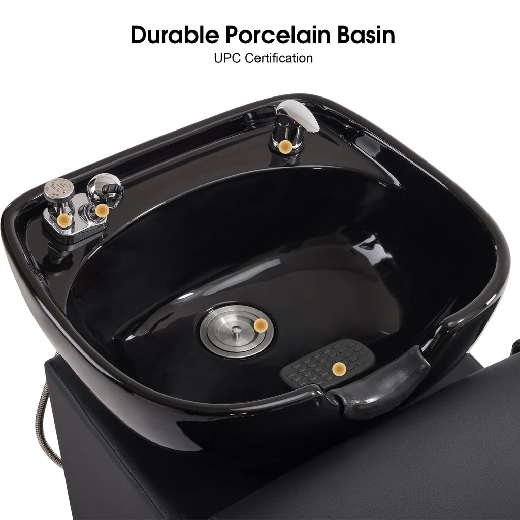 BarberPub Backwash Shampoo Station Chair with Porcelain Ceramic Hair Wash Bowl, Vacuum Breaker, Professional Black&Gold Shampoo Chair for Salon and Spa 8613 (Black)