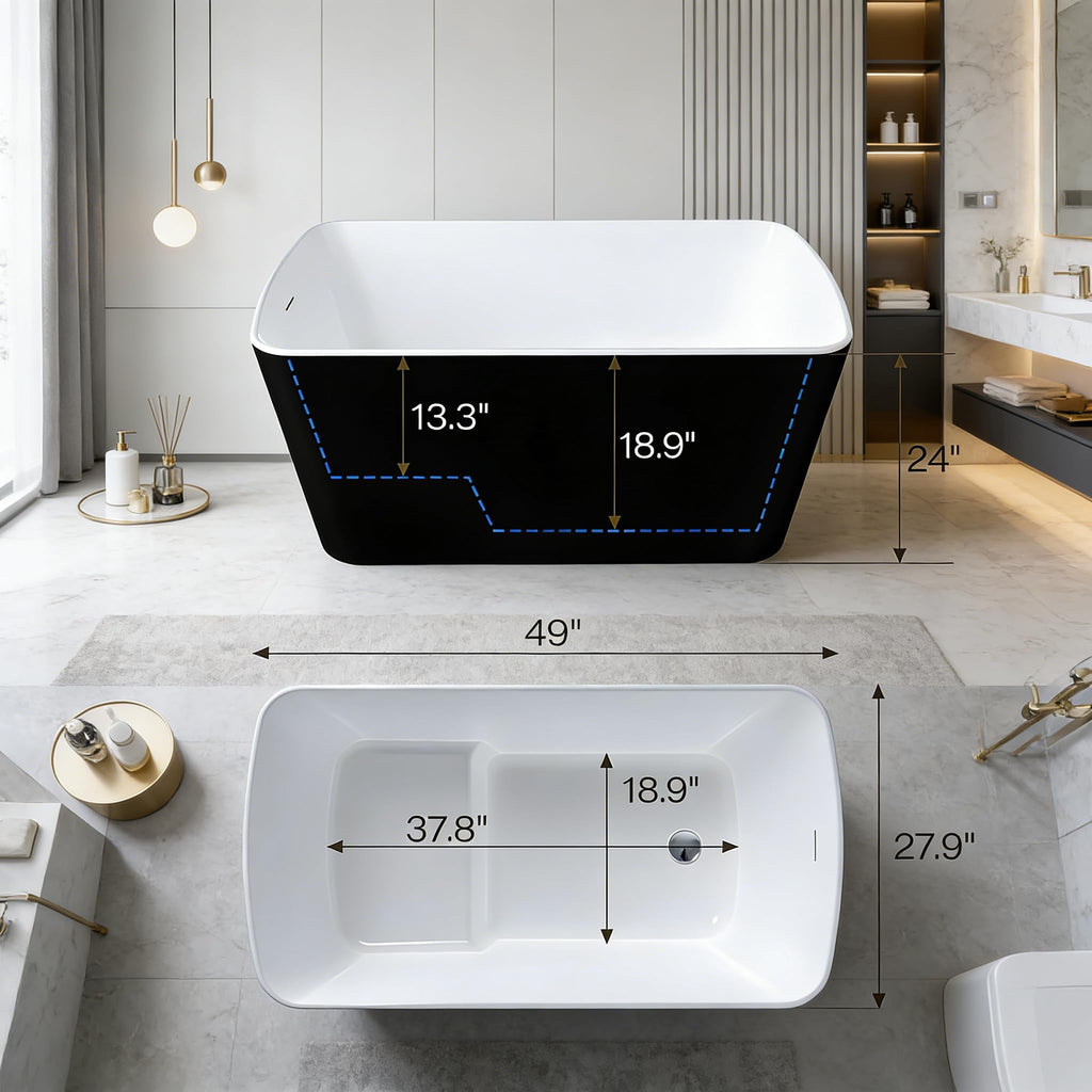 49" Modern Acrylic Freestanding Bathtub, Deep Soaking Stand Alone Tub with Chrome Overflow and Drain, Comfortable Small Space Tub, Black