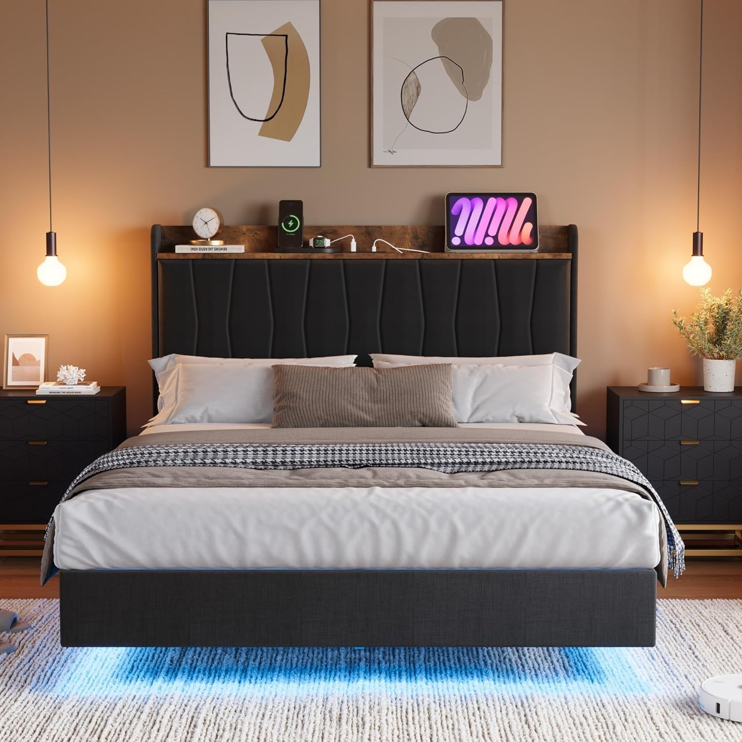 COZONY Modern Floating King Bed Frame with LED Lights, USB Charging Station, Upholstered Storage Headboard, Sturdy Wood Slats, No Box Spring Needed, Easy Assembly, Noise-Free, King-Black