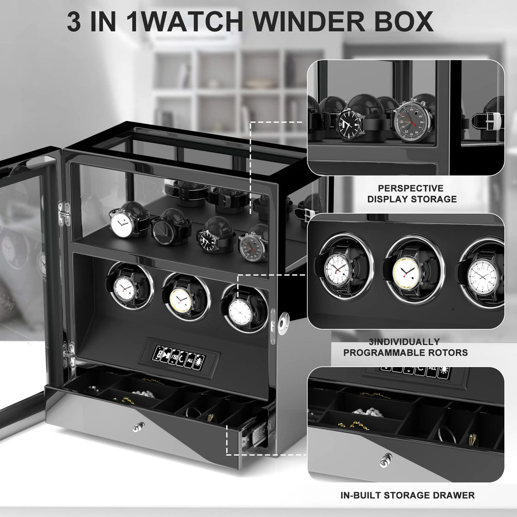 DUKWIN Watch Winder, Fingerprint Lock Automatic Watch Winder for 3 Watches with 4 Holders,300-2300 TPD,Digital Display, Remote Control,Jewelry Storage and Adjustable Watch Pillow and LED Light,Black