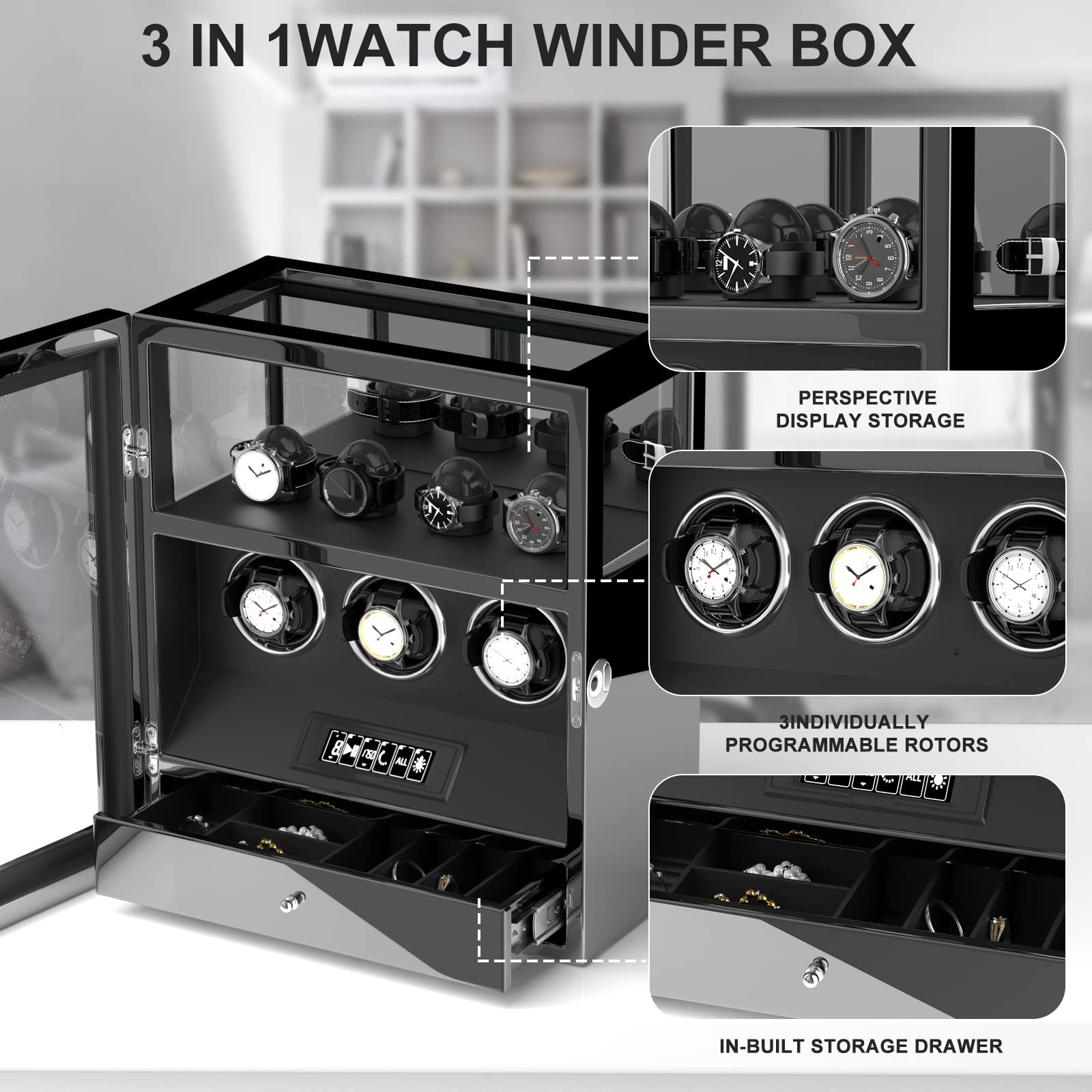DUKWIN Watch Winder, Fingerprint Lock Automatic Watch Winder for 3 Watches with 4 Holders,300-2300 TPD,Digital Display, Remote Control,Jewelry Storage and Adjustable Watch Pillow and LED Light,Black