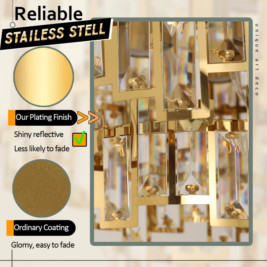 ANTILISHA Gold Crystal Chandelier Lighting Foyer Hall Entry Way Chandeliers Light Fixture for High Ceiling Sloped Pendant Hanging French Empire Style Round Large 31.5 inch
