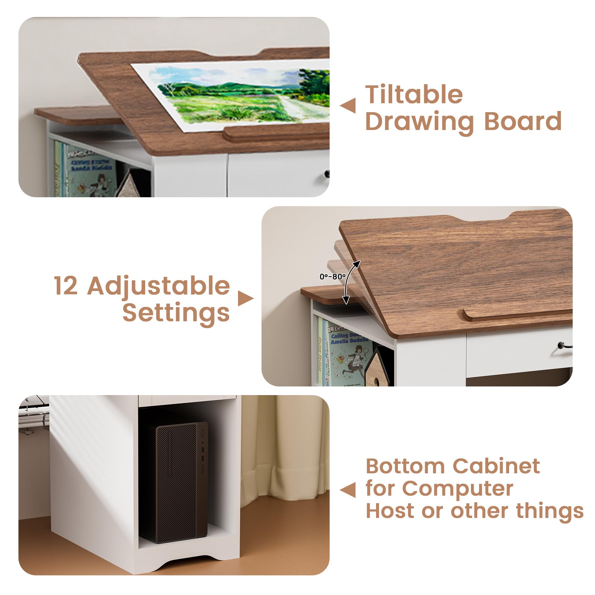 Smilets Crafting Table with Storage Cabinet & Drawers, Adjustable Drafting Table with Open Shelves, Drawing Computer Desk, Painting Desk, Workstation for Home Office Reading, Writing, Craftin