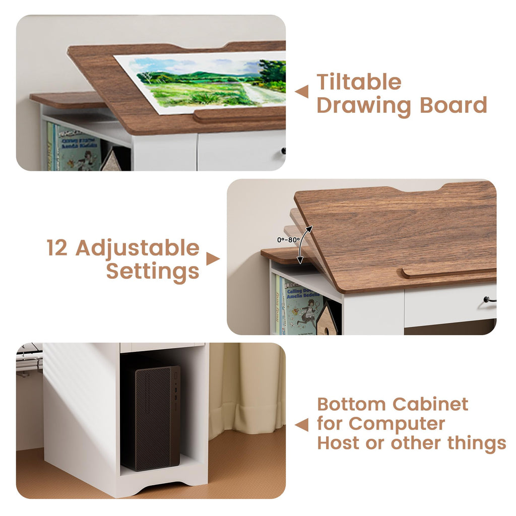 GatherHome Drafting Table with Storage Cabinet & Drawers, Adjustable Drawing Table with Open Shelves, Craft Art Desk for Artists, Painters, Drawing, Crafting, Reading, Writing, Working