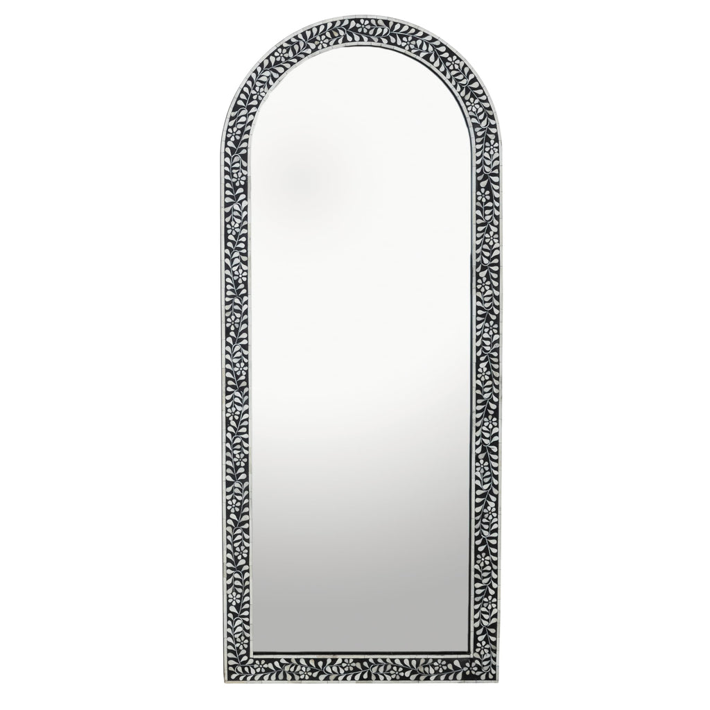Creative Co-Op Mango Wood Arched Mirror with Bone Inlay Flowers and Leaves, Black and Ivory Finish
