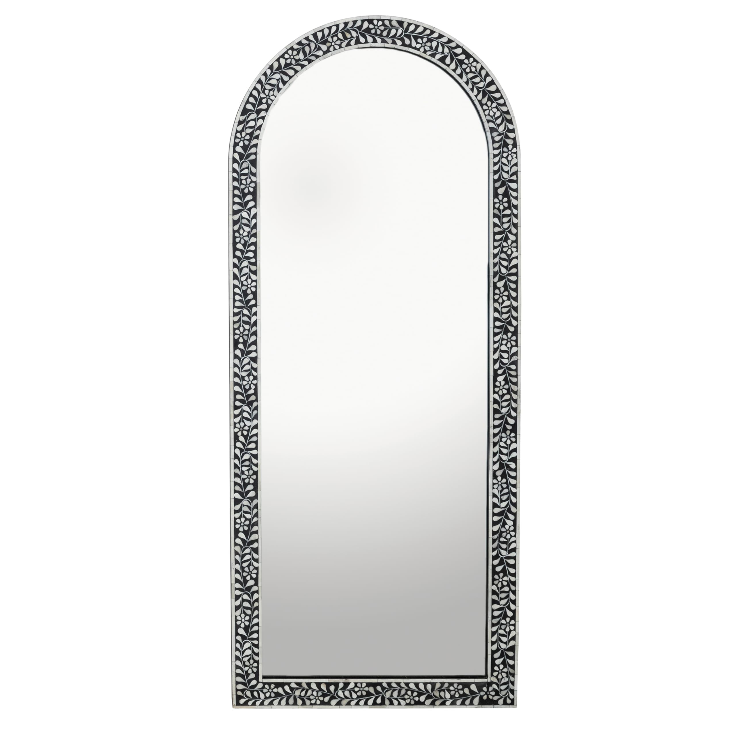 Creative Co-Op Mango Wood Arched Mirror with Bone Inlay Flowers and Leaves, Black and Ivory Finish