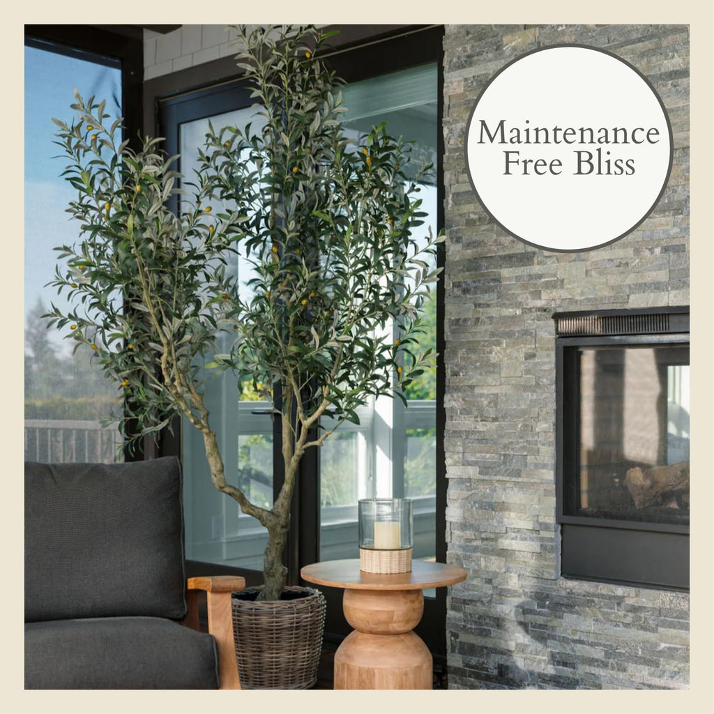 CG Hunter Designer Faux Olive Tree, Premium Handmade Artificial Indoor Tree Stands 8-ft Tall, Lifelike-Leaves & Hand Painted Trunk, Black Grower Pot Included