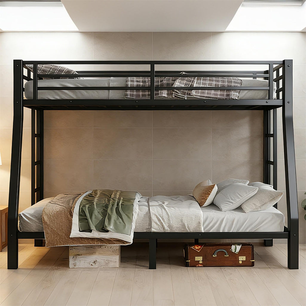 Bellemave Metal Full XL Over Queen Bunk Bed with High Guardrail & Under-Bed Storage, Heavy Duty Bunk Beds Frame with 2 Side Ladders, Full Over Queen Bunk Bed for Adults, No Box Spring Needed, Black