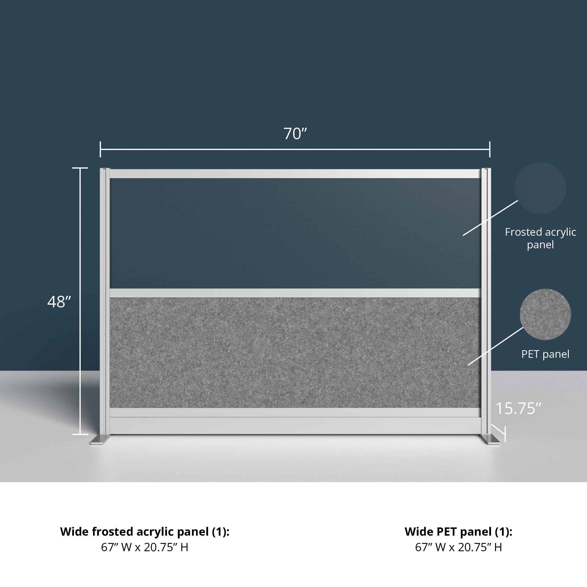 Stand Up Desk Store Expanse Modular Wall | 70'' x 48'' Wall | Expandable Partition Room Divider with Rearrangeable Frosted Acrylic & Sound Absorbent Wide Panels (Silver Frame)