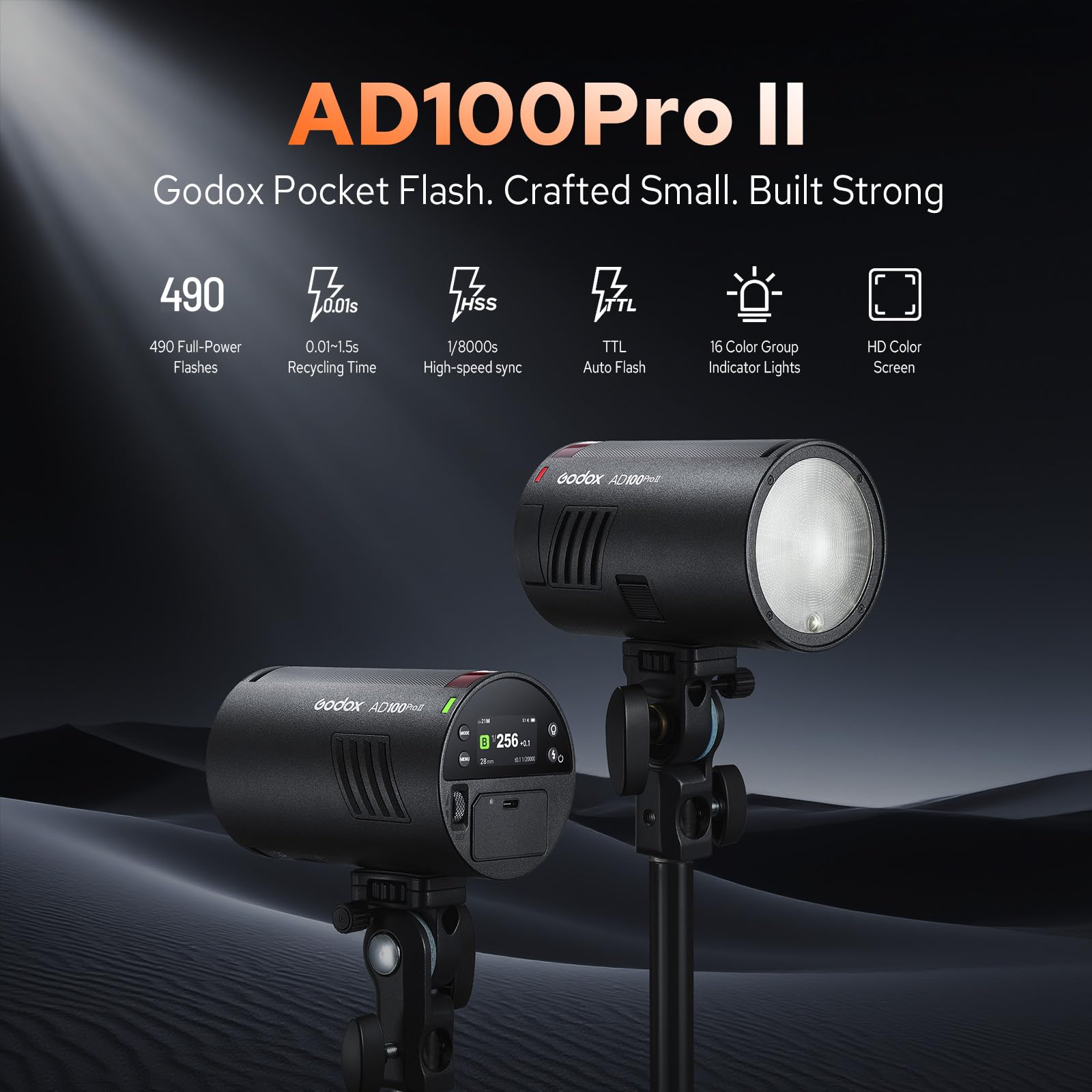 Godox AD100 Pro II AD100Pro II Pocket Outdoor Flash Strobe, 100Ws 2.4G TTL 1/8000s HSS Monolight, 0.01-1.5s Recycle, 490 Full Power Flashes, LED Modeling Lamp, GODOX AD 100 Pro II with Color Indicator