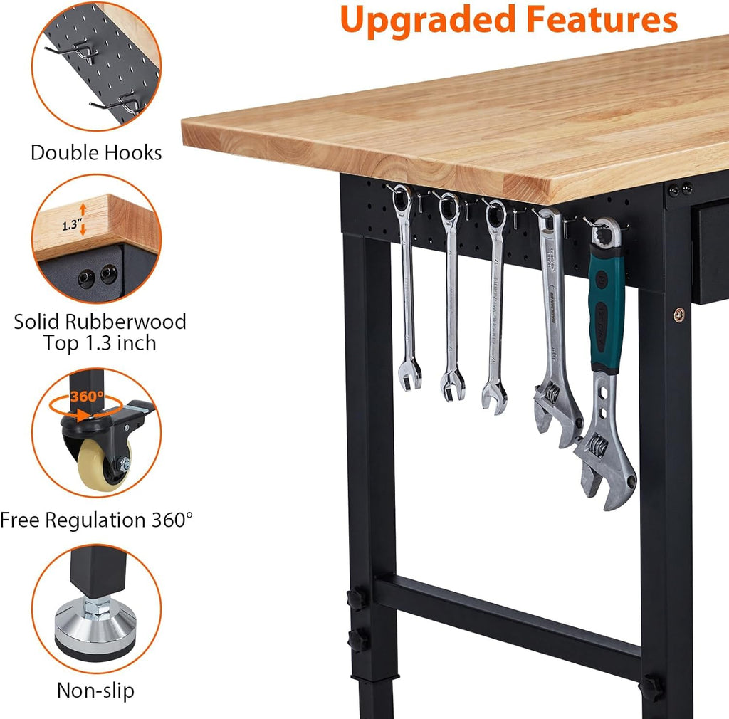 60" x 22" Adjustable Height Workbench - Heavy Duty 2000 lbs Load Capacity, Solid Rubber Wood Top, Sturdy Metal Frame, Workstation with Drawer & Rolling Casters, Power Outlets for Garage & Workshop