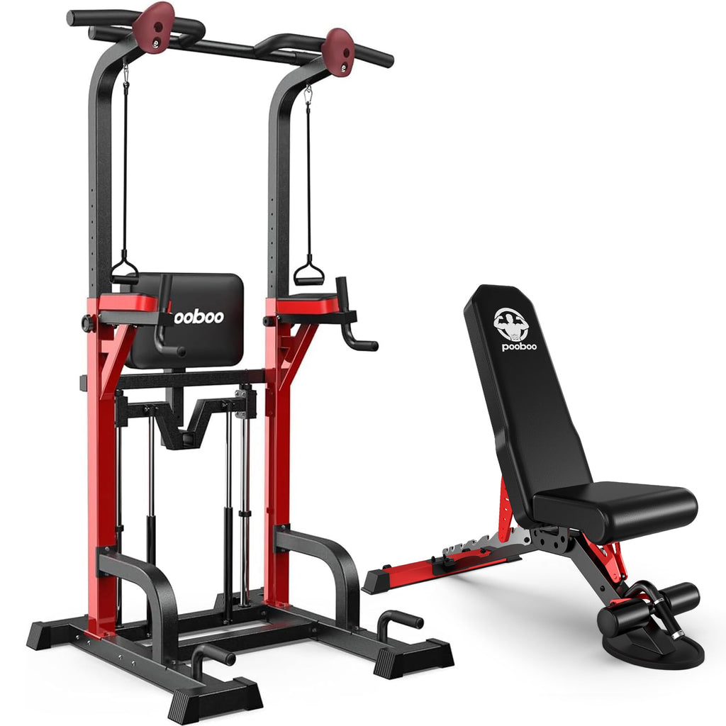 Power Tower Dip Station Pull Up Bar for Fitness Home Gym Workout,450 Pounds Multi-Function Adjustable Height Fitness Strength Training Exercise Equipment,with Weight Bench