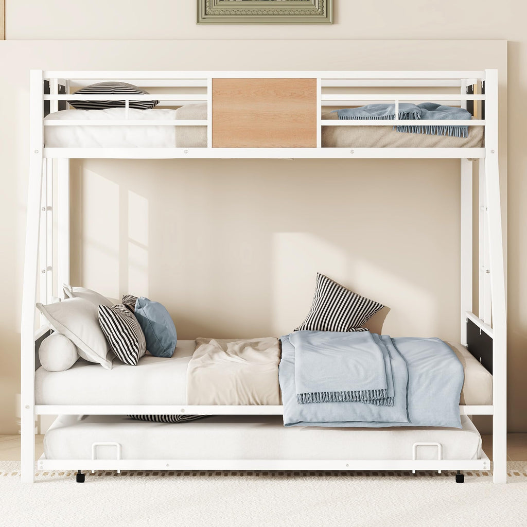 Metal Twin Over Full Bunk Bed with Trundle,Heavy Duty Bunk Beds Twin Over Full, Space-Saving Bunk Bed for Kids/Teens/Adults,White