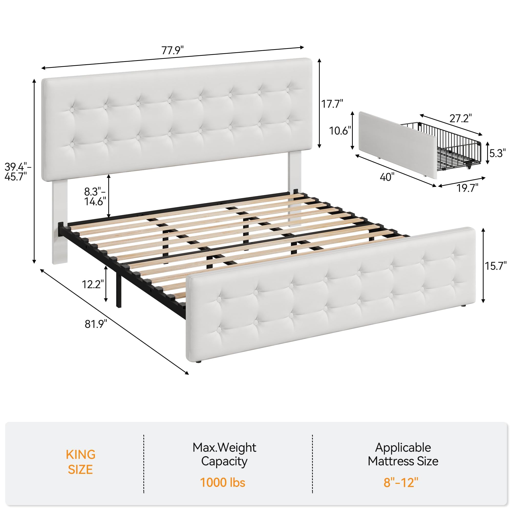GarveeHome King Size Bed Frame with 4 Storage Drawers and Faux Leather Upholstered Headboard, Wooden Slats Support, Button Tufted Design, No Box Spring Needed, White