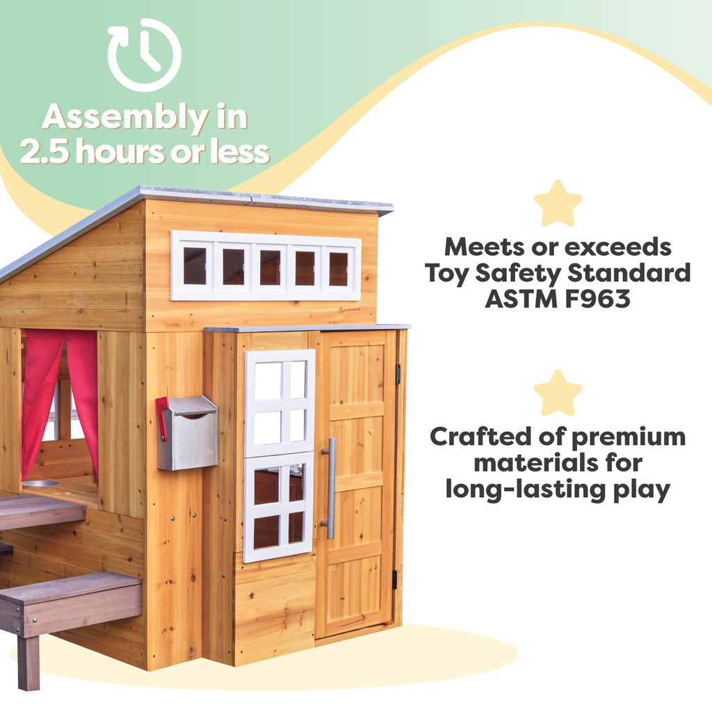 KidKraft Modern Outdoor Wooden Playhouse with Picnic Table, Mailbox and Outdoor Grill ,Gift for Ages 3+