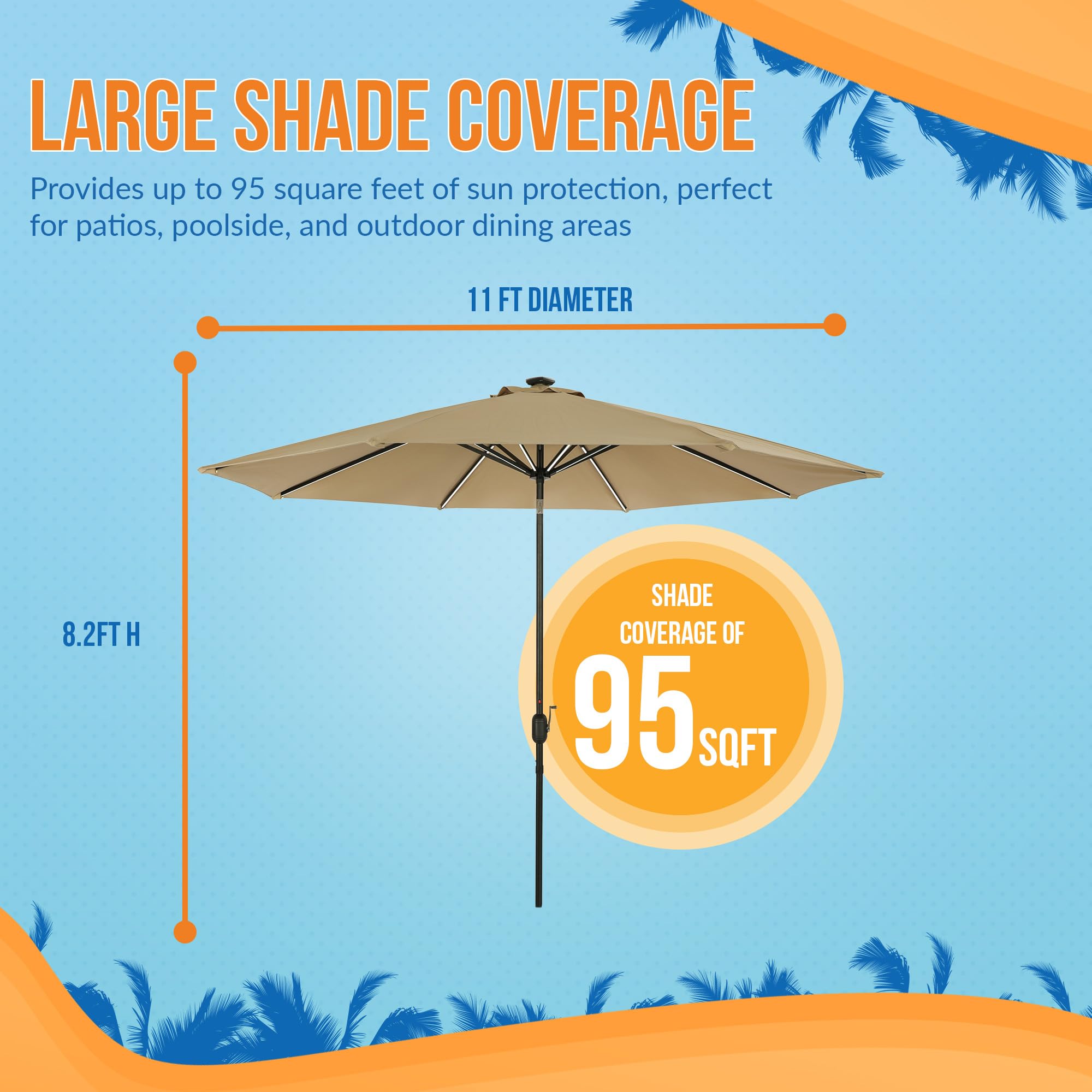 Island Umbrella Calypso 11 ft Octagon Patio Umbrella – With Crank Lift, Push-Button Tilt, Rust-Resistant Aluminum Pole, 8-Rib Frame, Solar LED Lights & Breez-Tex Weather-Resistant Canopy – Champagne