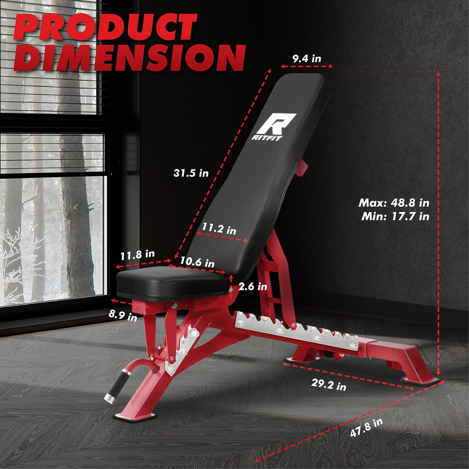 RITFIT Adjustable Weight Bench with Multiple Back Positions for Full Body Workouts, Incline, Decline, and Flat Settings for Home Gym Strength Training, 1300LB Capacity