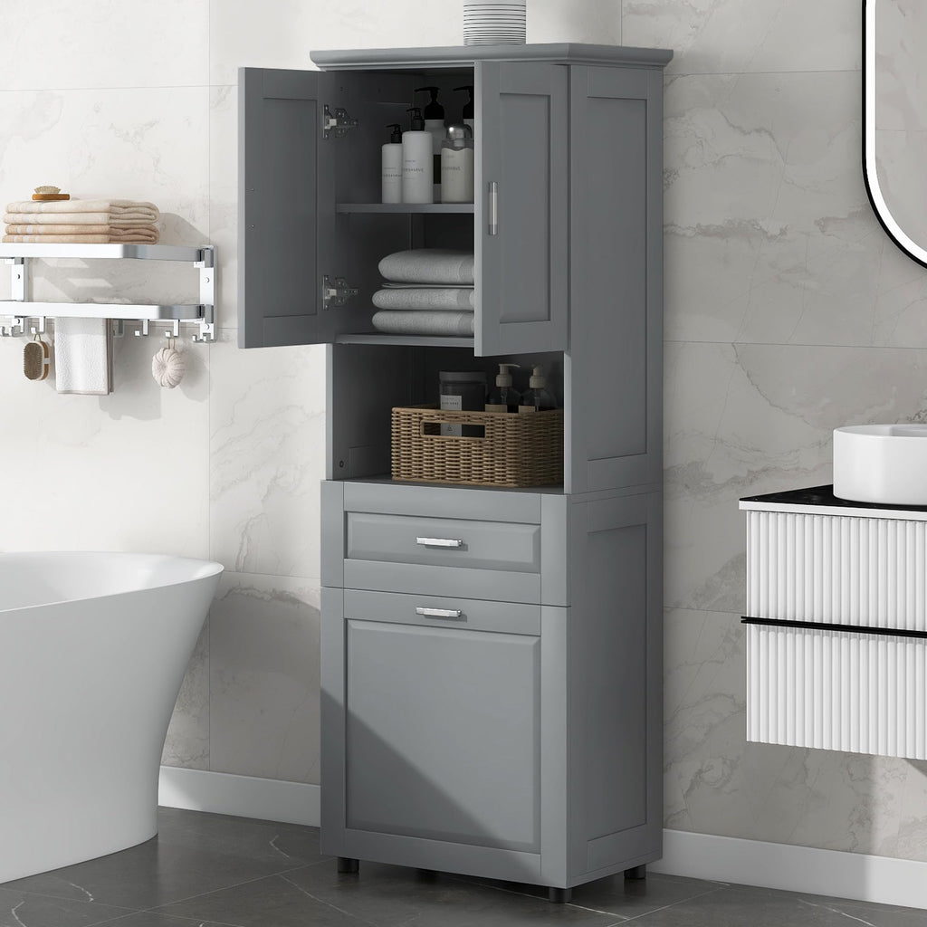 Virubi Tall Laundry Cabinet with Tilt Out Laundry Hamper and Drawer, Modern Wood Bathroom Storage Cabinet with Doors and Adjustable Shelves, Freestanding, Grey