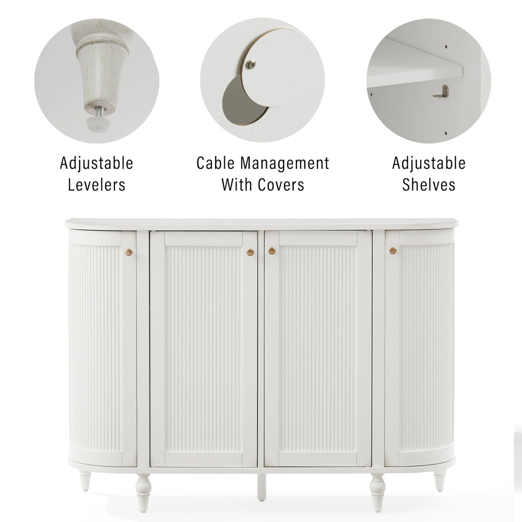 Crosley Furniture Monique Sideboard Traditional Buffet Cabinet with Storage Shelves, Fluted Doors, Distressed White
