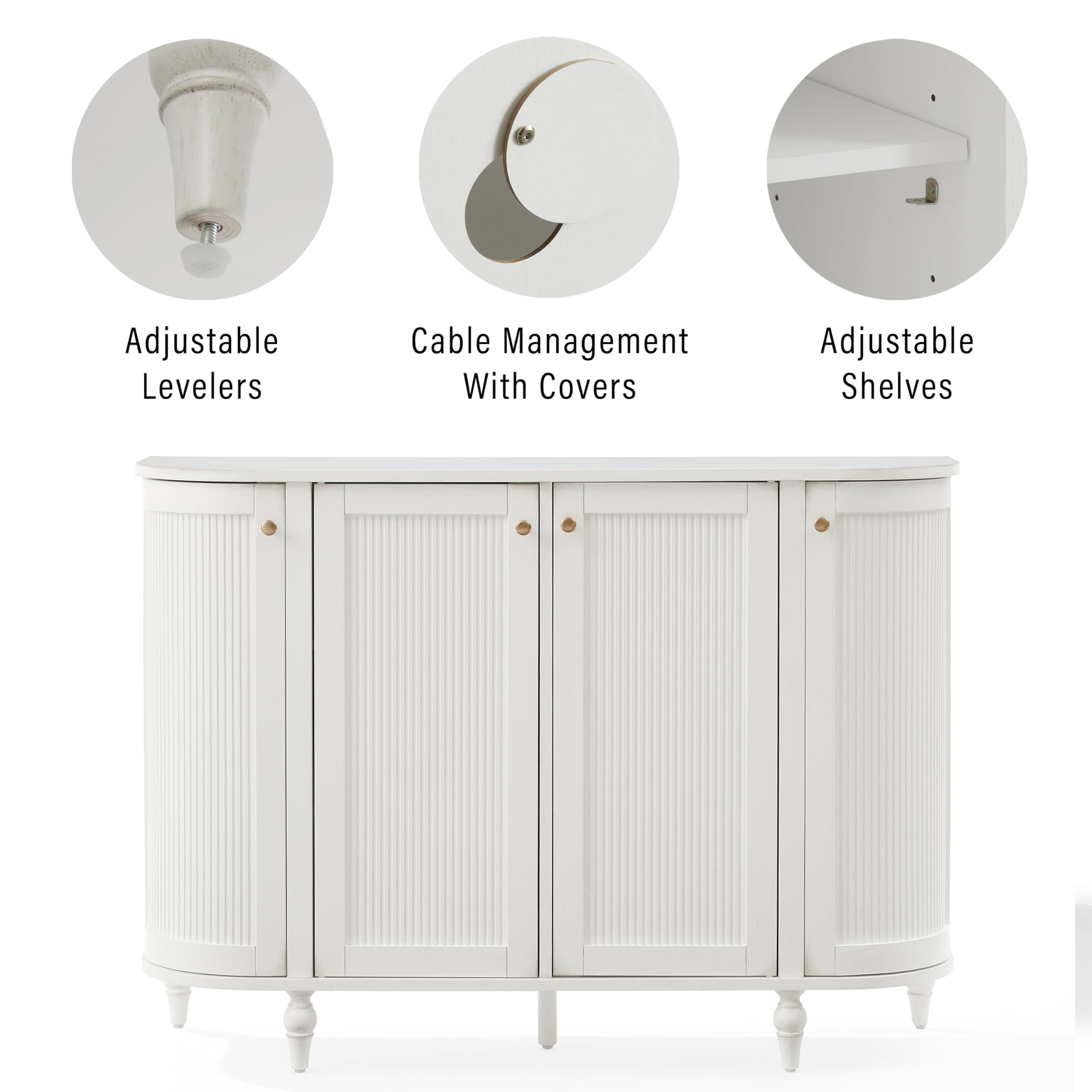 Crosley Furniture Monique Sideboard Traditional Buffet Cabinet with Storage Shelves, Fluted Doors, Distressed White