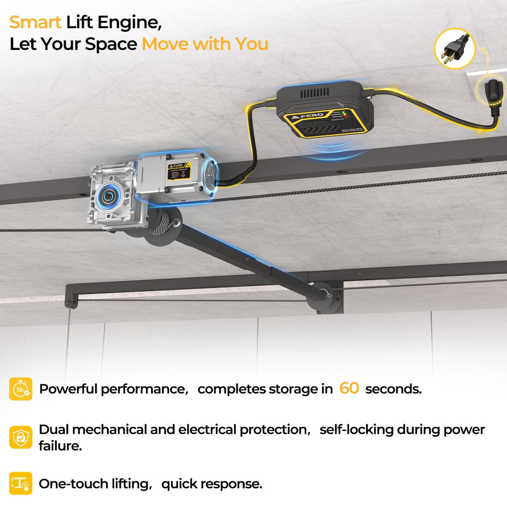 FERO Motorized Overhead Garage Storage Rack with Remote Control, Heavy-Duty Ceiling Mounted Organizer, 4x8 FT Ceiling Storage Lift System, Space-Saving Hanging Garage Shelves, 325 LBS Capacity