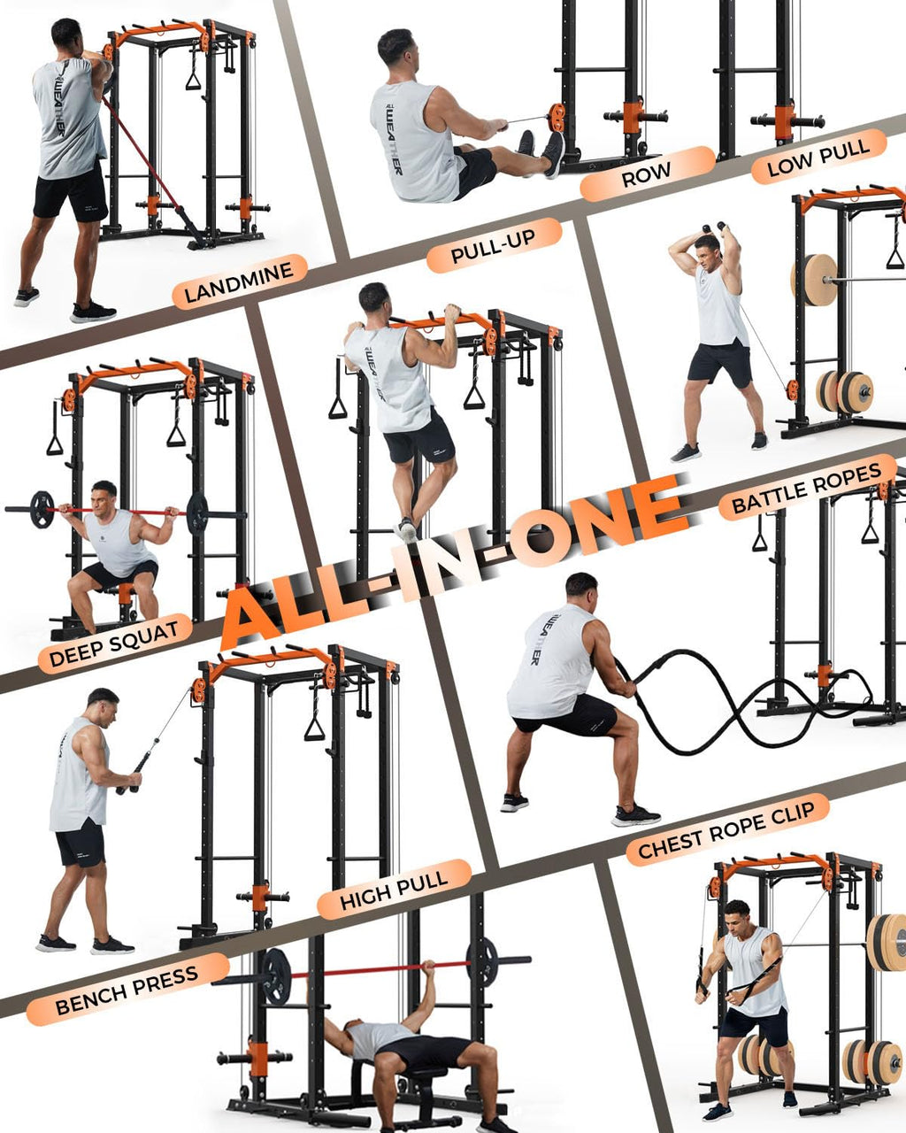 Power Cage, Power Rack with Cable Crossover System, 2000LBS Squat Rack with LAT Pull Down System, Workout Cage with Pulley System for Fitness Home Gym Strength Training, Orange & Black