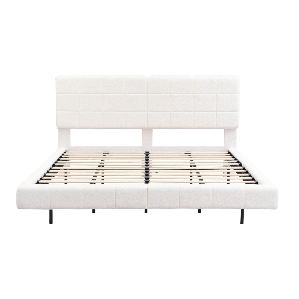 Merax King Size White Boucle Upholstered Platform Bed with Tall Headboard, Modern Floating Bed Frame with LED Lights for Bedroom, Solid Wood Slats Support, No Box Spring Needed, Easy Assembly