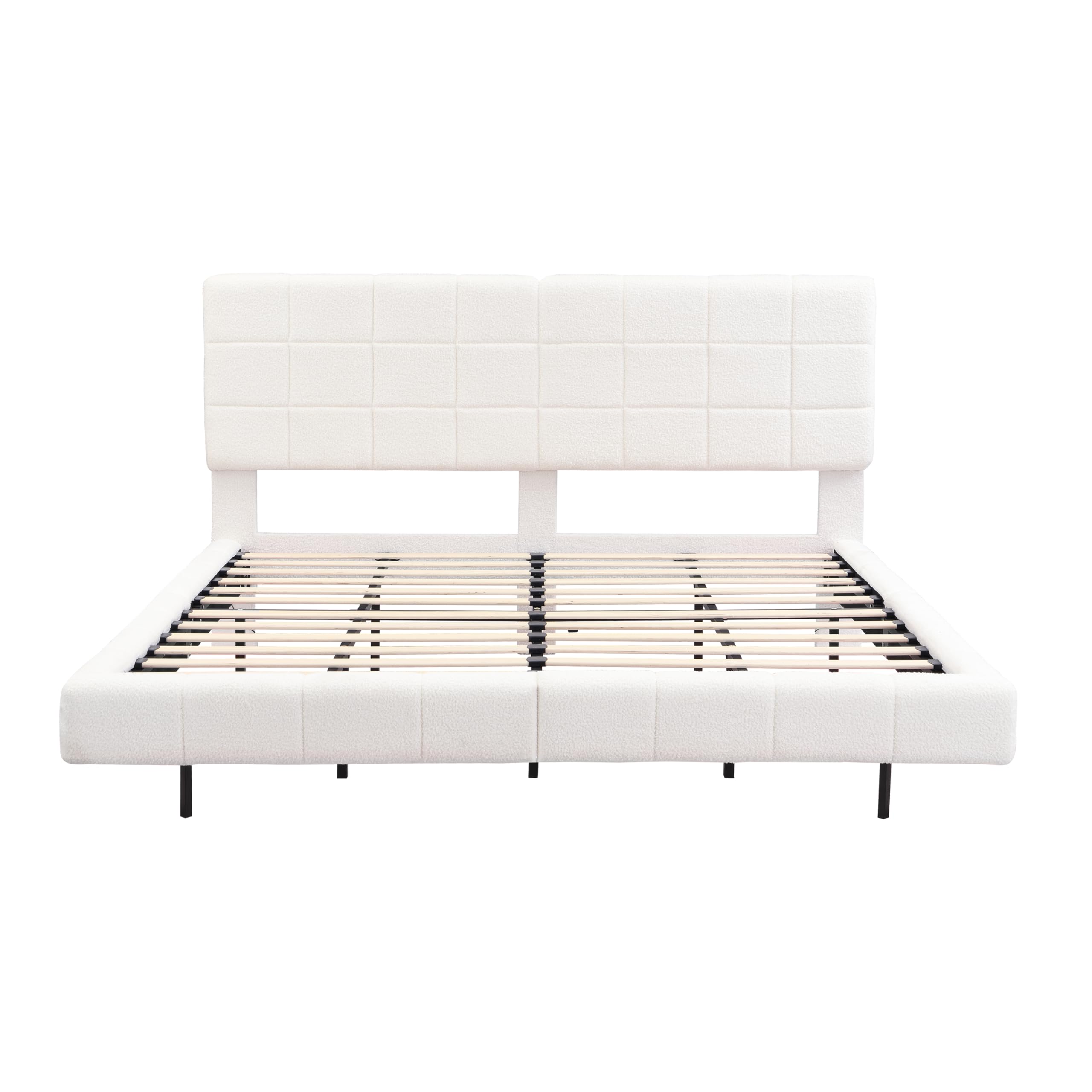 Merax King Size White Boucle Upholstered Platform Bed with Tall Headboard, Modern Floating Bed Frame with LED Lights for Bedroom, Solid Wood Slats Support, No Box Spring Needed, Easy Assembly