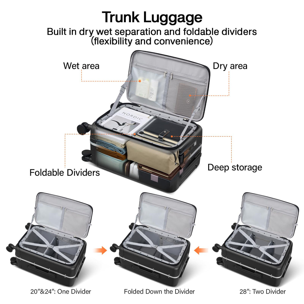 Hanke 28 Inch Checked Luggage with Cup Holder and USB Ports, Top Opening Hard Shell Suitcase with Wheels, Aluminum Frame Large Trunk Luggage with Foldable Divider & TSA Lock for Travel, Jet Black