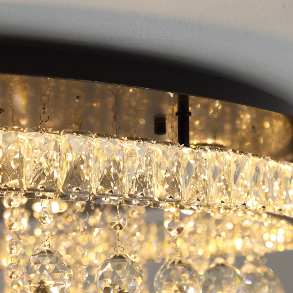 Shial Lighting Dia 24" Modern Crystal Chandeliers for Dining Room,Black Raindrop Chandelier Flush Mount Chandeliers for Living Room Bedrooms Dining Room Dimmable 2700k 4500k 6000k