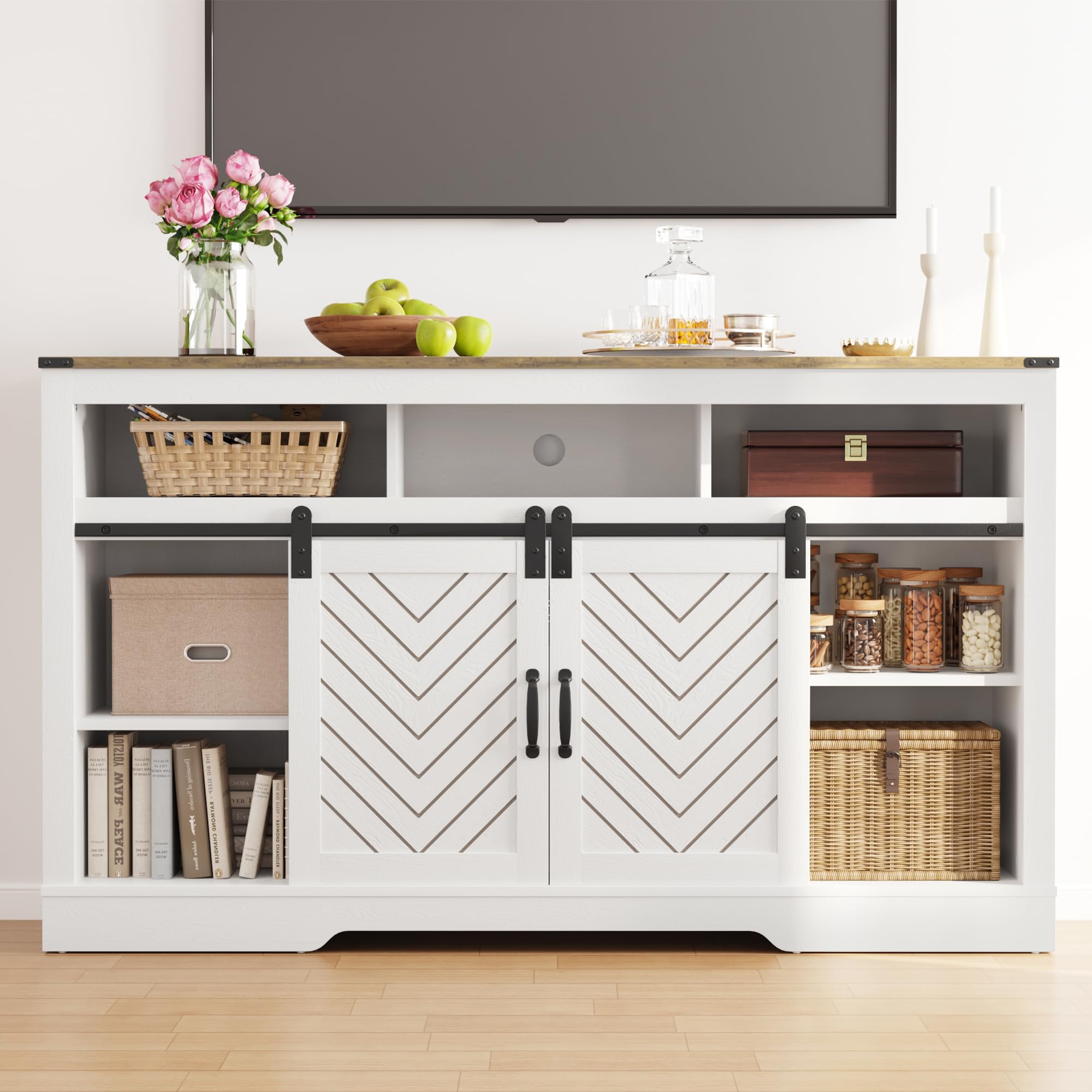May in color Farmhouse Fireplace TV Stand for 65+ TV, 34" Tall Rustic TV Console with Sliding Bar Door, Entertainment Center with 23" Electric Fireplace with Remote for Living Room, White and Wood Ton
