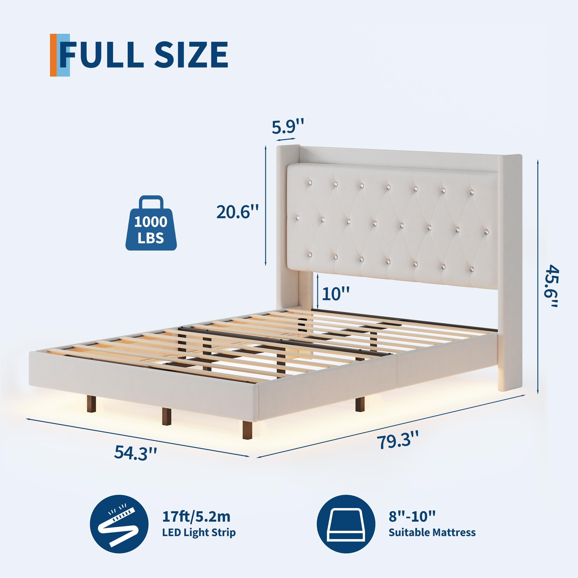 GAOMON Floating Bed Frame Full Size with LED Lights, Velvet Upholstered Platform Full Bed Frame with Wingback Storage Headboard, No Box Spring Needed, Easy Assembly, White
