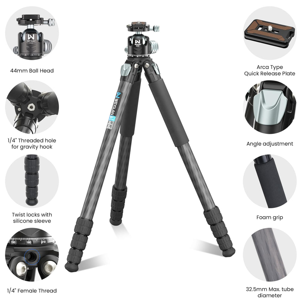 81'' Carbon Fiber Tripod for Camera WEYLLAN Heavy Duty Tripod Camera, 10-Layer Carbon Fiber Tube, 32.5mm Professional Tripod Leg with DSLR Ball Head for Camcorder Telephoto Lens, Max Load 20kg