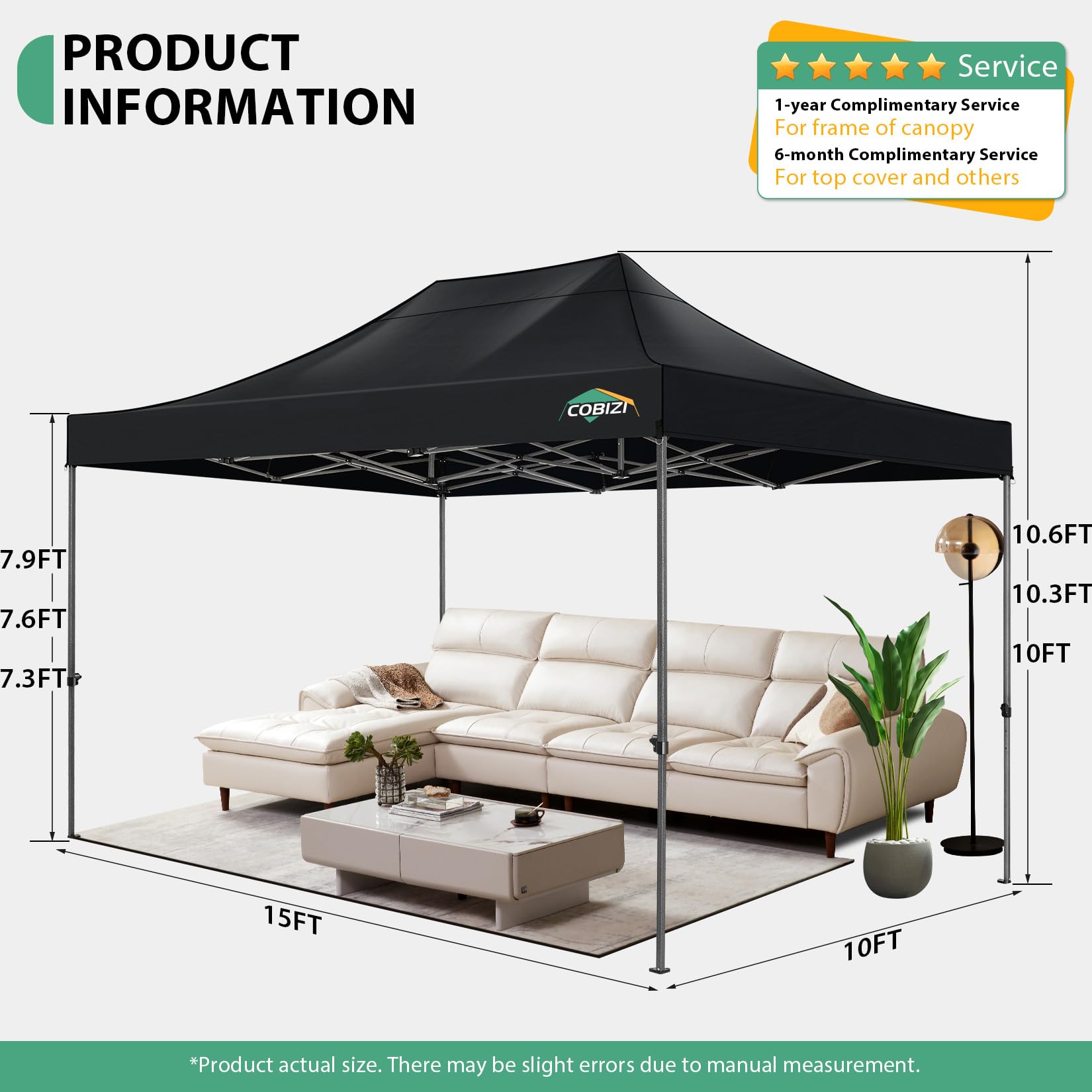 COBIZI 10x15 Pop up Canopy Tent Heavy Duty, Easy Set-up Commercial Outdoor Party Tent, 100% Waterproof Wedding Tents Gazebo, 3 Height Adjustable with Wheeled Bag, Black