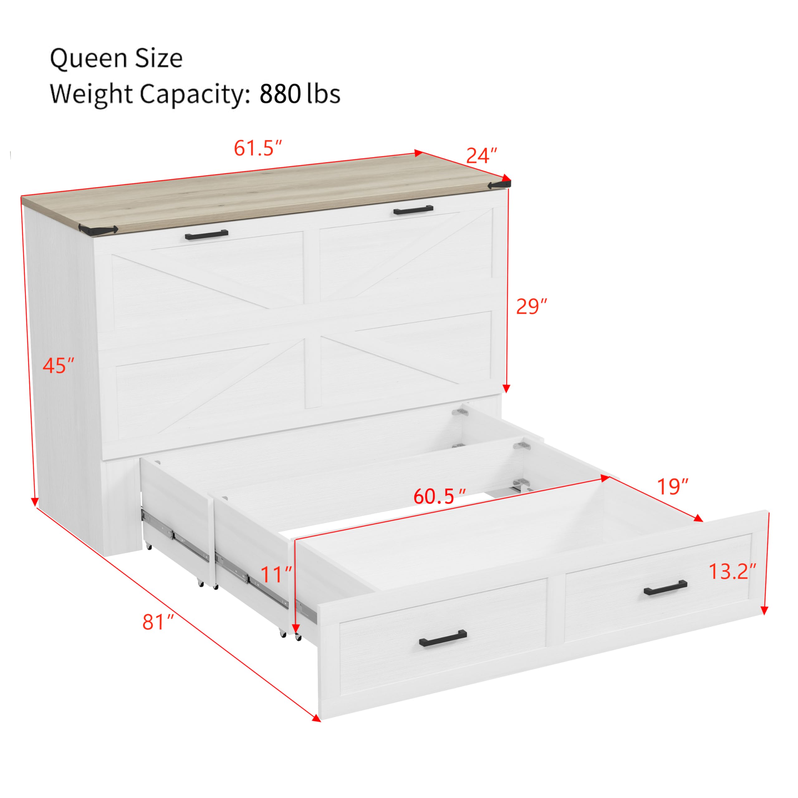 Ball & Cast Murphy Bed Queen,Farmhouse Hideaway Cabinet Bed with Charging Station and Large Storage Drawer,Foldable Wall Murphy Beds w/Slat Support,Space-Saving Furniture for Study,Office,White