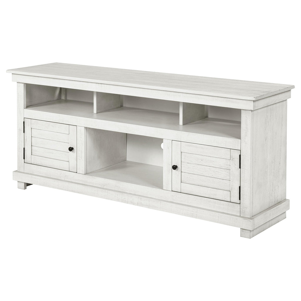Coaster Home Furnishings - Payne - Wood - TV Stand with Two Door Cabinets, Shelves, Roughhewn Details and Farmhouse Style - Living Room - 60-Inch - Distressed White - 710052