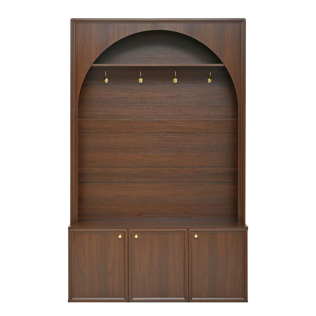 Merax Farmhouse Hall Tree with Bench and 3 Cabinets, 4-in-1 Entryway Coat Rack with 4 Golden Hooks and Top Compartments, 77.5" Retro Arched Entryway Hall Tree for Hallway, Mudroom, Entrance, Walnut