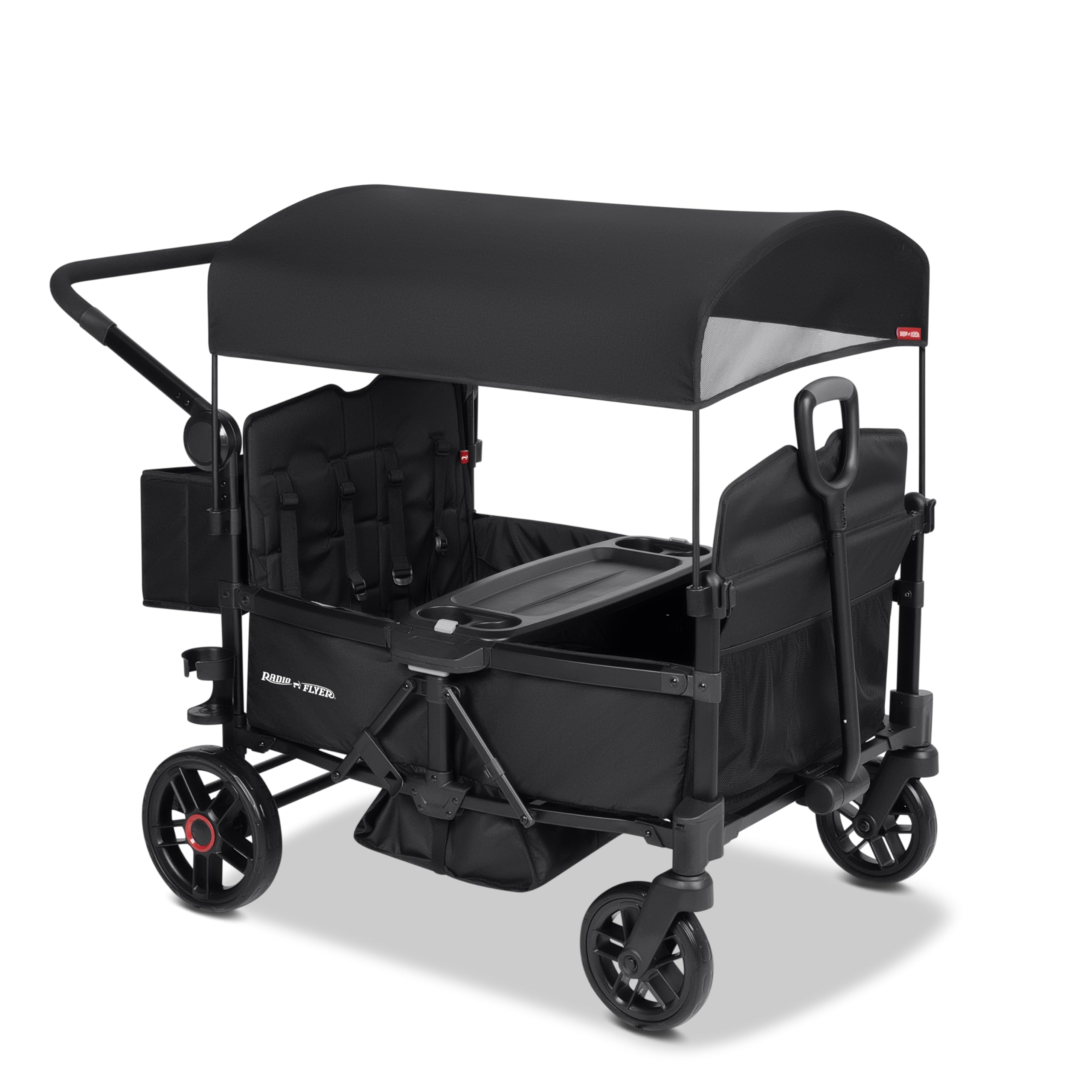 Radio Flyer Voya 2.0 4-Seat Stroller Wagon, for Kids 6+ Months, Lightweight, Compact, Foldable, UV Canopy, Included Storage, Never Fall Pull Handle, Seats Convert to Flatbed, Stroller Wagon for Kids