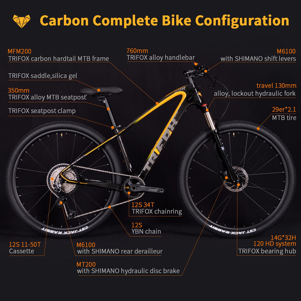 TRIFOX Carbon Fiber Mountain Bike with Shimano M6100 Deore Groupset 12-Speed,Carbon Fiber Frame,Hydraulic Fork 130mm Travel,29er Mountain Bike for Adult 17/19 inch (Obsidian Yellow, 29er * 17 inch)