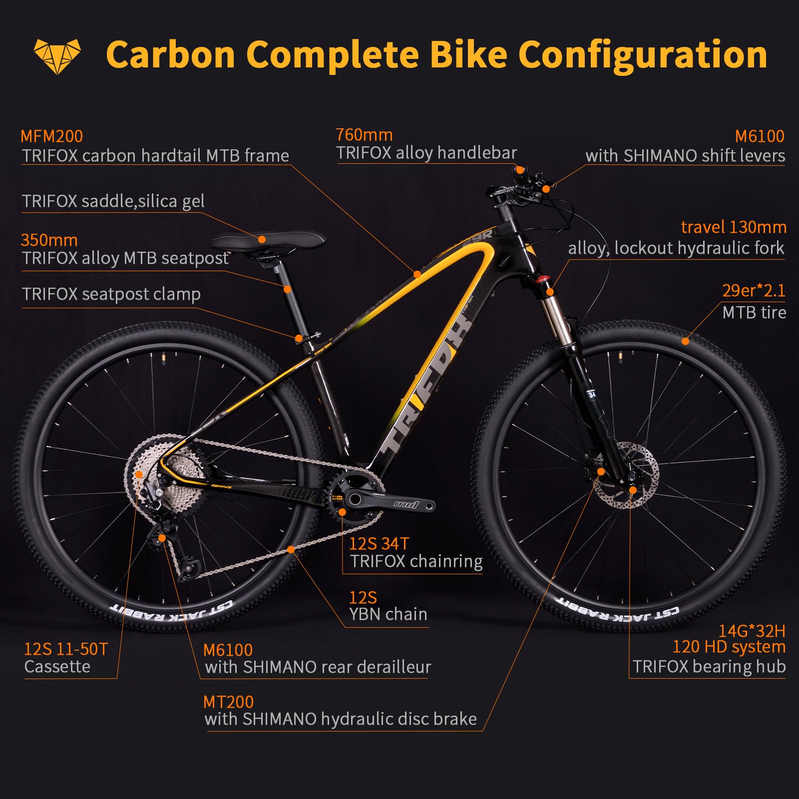 TRIFOX Carbon Fiber Mountain Bike with Shimano M6100 Deore Groupset 12-Speed,Carbon Fiber Frame,Hydraulic Fork 130mm Travel,29er Mountain Bike for Adult 17/19 inch (Obsidian Yellow, 29er * 17 inch)