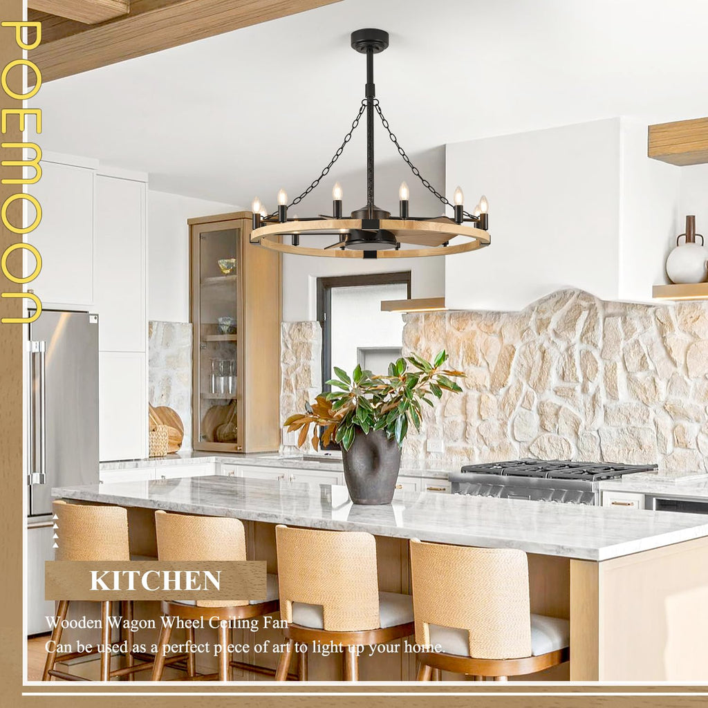 Natural Farmhouse Wood Wagon Wheel Chandelier Fans with 12 Lights and Remote, Rustic Wooden Ceiling Fan Light 36in Fandelier for Bedroom Dining Room Kitchen Living Room