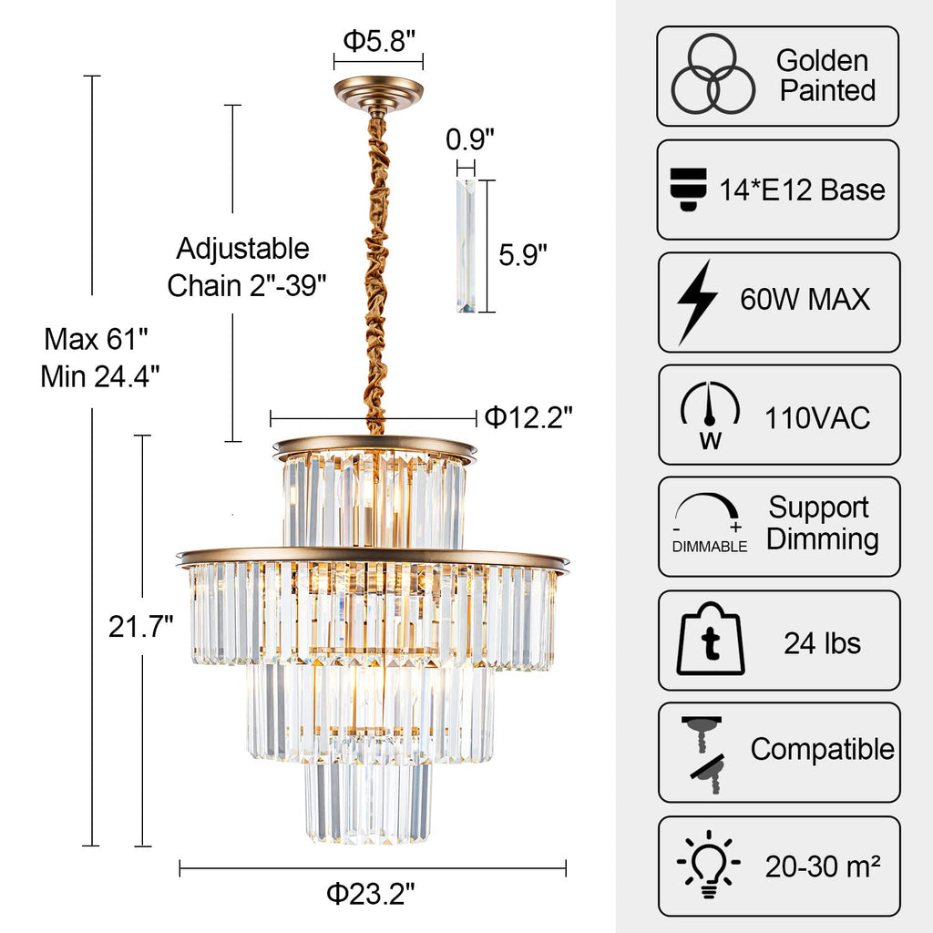 lighceac 23" 14-Light Modern Crystal Chandelier Light Fixtures 4-Tier Gold Luxury Chandeliers for Dining Room Round Hanging Pendant Lighting for Living Room Kitchen Entryway Bedroom Foyer Hallway