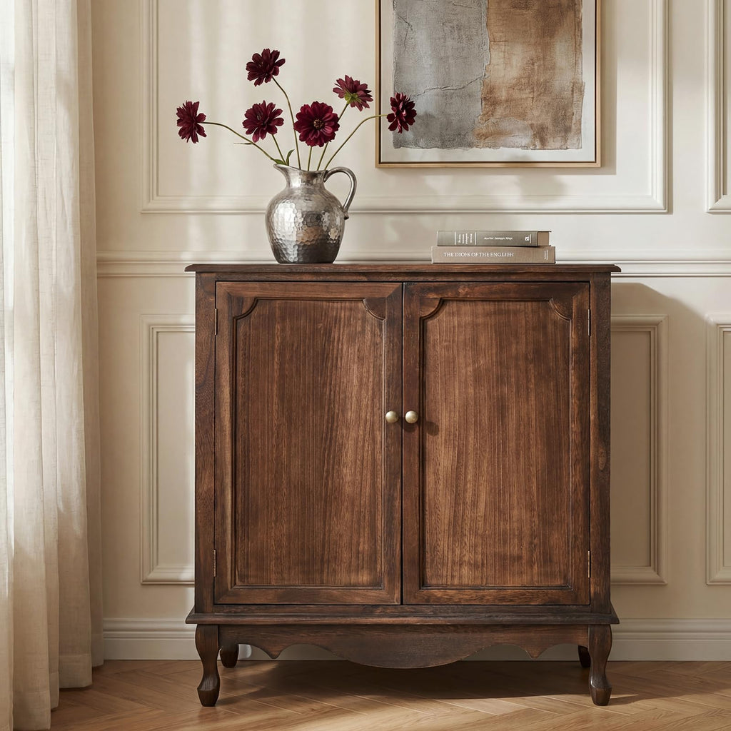 The support you need Solid Wood Sideboard with Adjustable Feet, 2 Shelves Storage Accent Cabinet with Double Doors, Farmhouse Buffet for Living Room, Dining Room & Entryway, Walnut