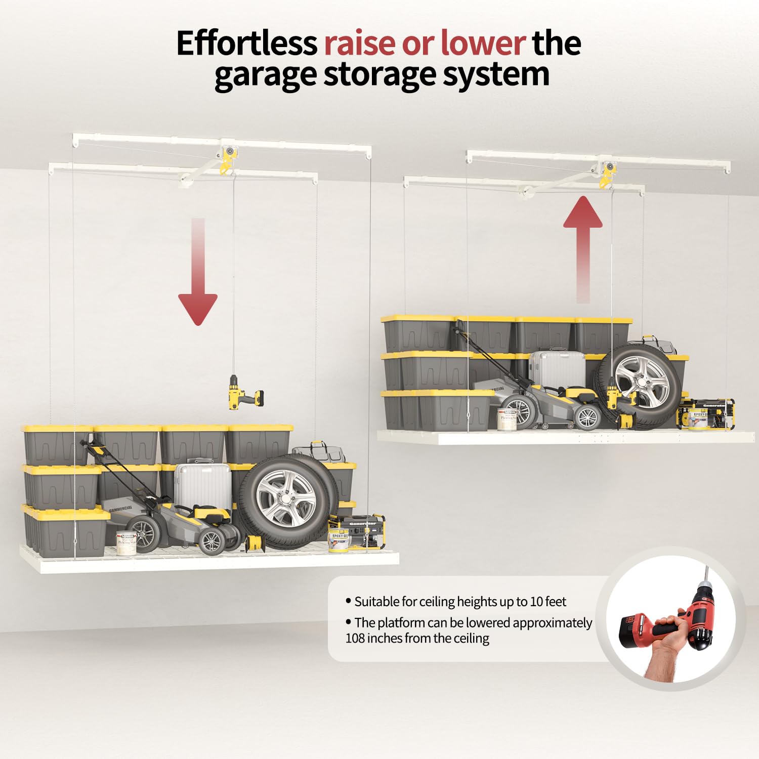 Garage Ceiling Storage Racks – 4x8 FT Overhead Garage Storage Rack with Safety Lock, Heavy-Duty Ceiling Mounted Lift System and Storage Organizer, Ideal for Maximizing Overhead Space, 325 lbs Capacity