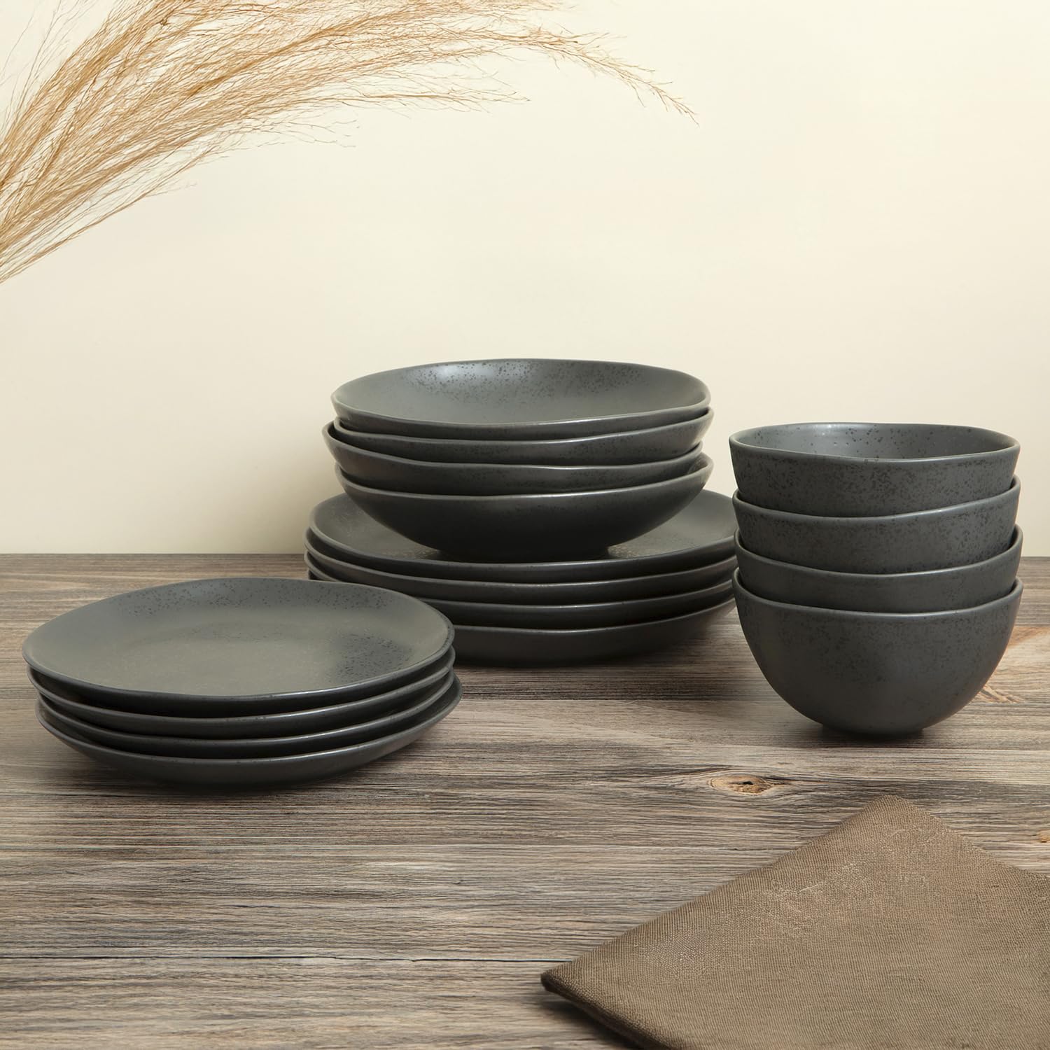 Trasa Home by Larder & Vine, Eco-Friendly High Fired Artisan Stoneware, Organic & Modern Dinnerware, 16 piece set, 4 place settings (Charcoal)