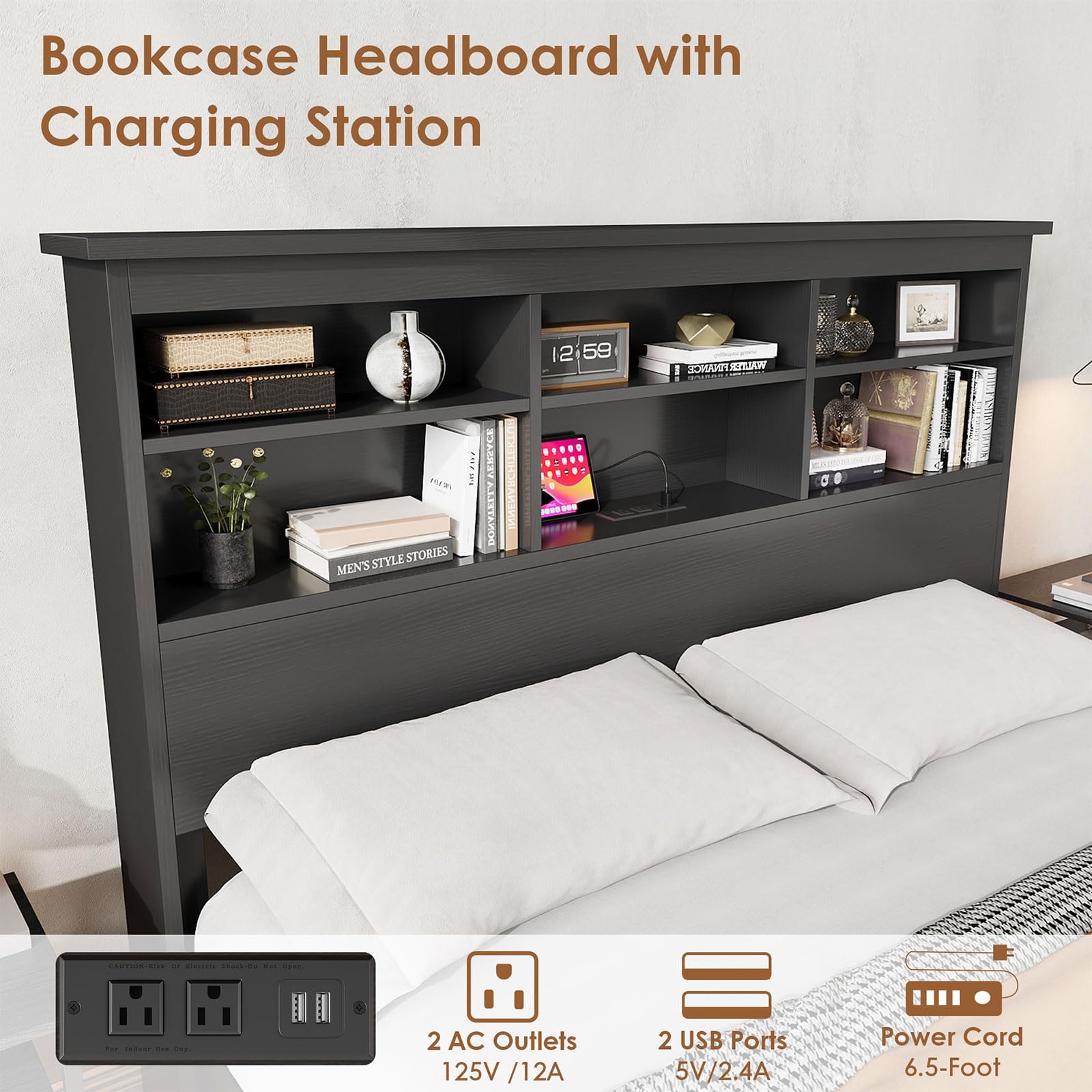 Garvee Queen Platform Bed Frame with Bookcase Headboard, Charging Station (USB & Type‑c), Tall Wooden Headboard, 9.6" Underbed Storage, No Box Spring Needed, Black