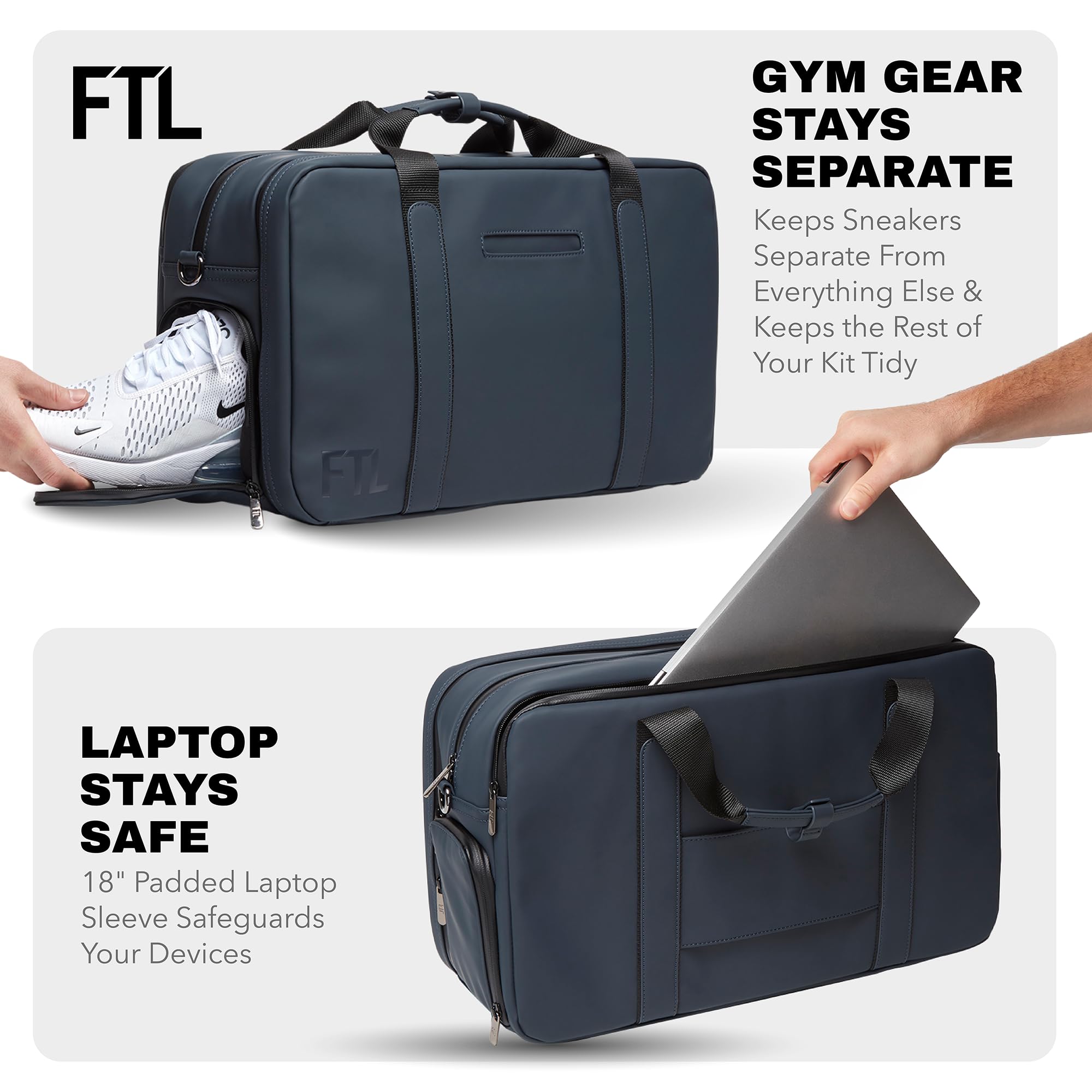 The FTL Pro Mens Travel Bag - 30L Premium Work to Gym Weekender Duffel with Garment Bag, Shoe Space & 18" Laptop Sleeve - Organized Athletic Business Carry On Hybrid, Fits Under Airplane Seat - Blue